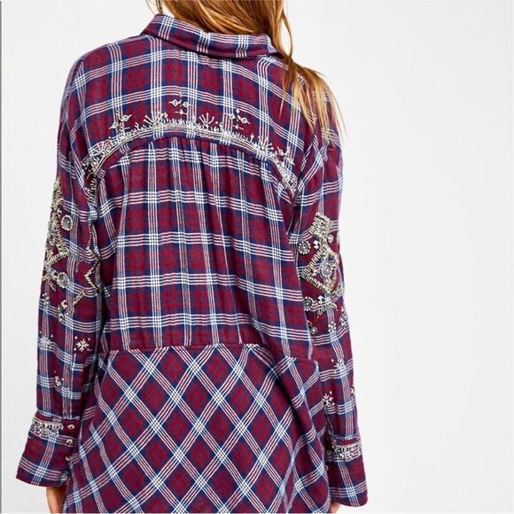 FP FREE PEOPLE Silver Sequin Bead Oversized Red Flannel Plaid Button Shirt XS - Picture 15 of 16